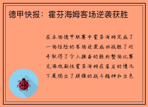 德甲快报：霍芬海姆客场逆袭获胜