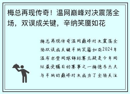 梅总再现传奇！温网巅峰对决震荡全场，双误成关键，辛纳笑靥如花