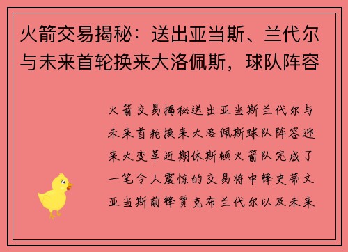 火箭交易揭秘：送出亚当斯、兰代尔与未来首轮换来大洛佩斯，球队阵容迎来大变革