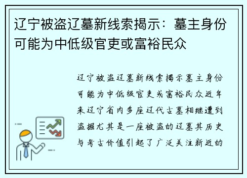 辽宁被盗辽墓新线索揭示：墓主身份可能为中低级官吏或富裕民众